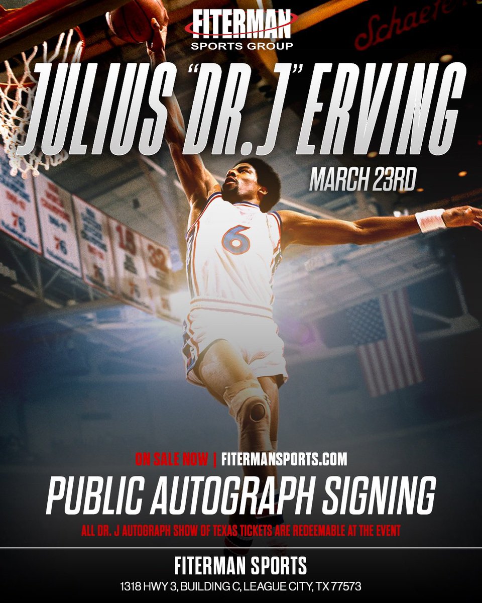 🏀🚀 DR. J will be LIVE at our Fiterman Sports Headquarters THIS SATURDAY, March 23rd @2pm for a Public Autograph Signing! — Tickets On Sale Now & At The Event! 👉Purchase Tickets Now: fitermansports.com/events/julius-… 👉Mail-in Deadline is March 20th! #FitermanSports