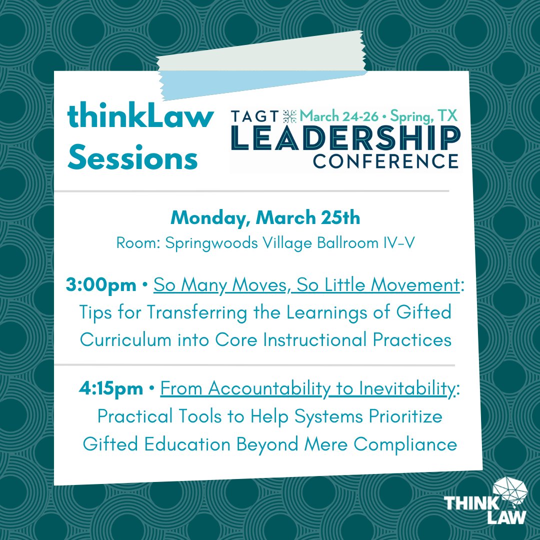 One week from today, thinkLaw will be at @TXGifted's Leadership Conference facilitating two workshops. Stop in and take away practical critical thinking tools to help students shatter the achievement ceiling. Will we see you there?