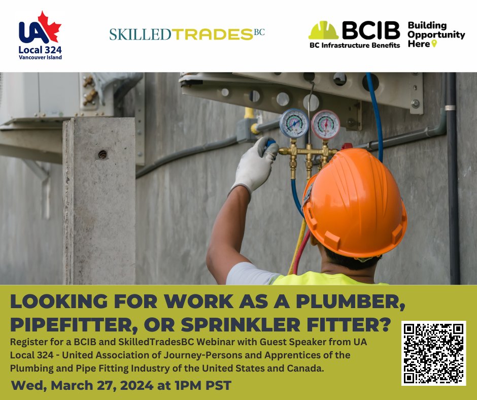 Calling all plumbers, pipefitters and sprinkler fitters! Register for our joint webinar with @SkilledTradesBC & @UALOCAL324 to learn how we can support you in your #SkilledTrades journey & outline career-building opportunities. Register at: eventbrite.ca/e/bcib-and-ski…