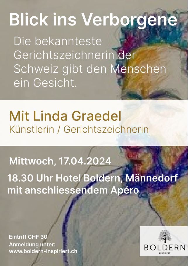 Linda Graedel die bekannteste  Gerichtszeichnerin der Schweiz gibt den Menschen ein Gesicht. Sie ist am  17.04.2024 um 18.30 Uhr auf #Boldern und spricht über Ihre Erfahrungen  im Gerichtssaal.

Eintritt: CHF 30  (inkl. Apéro)

Anmeldung und Tickets unter: lnkd.in/dx8-3qN