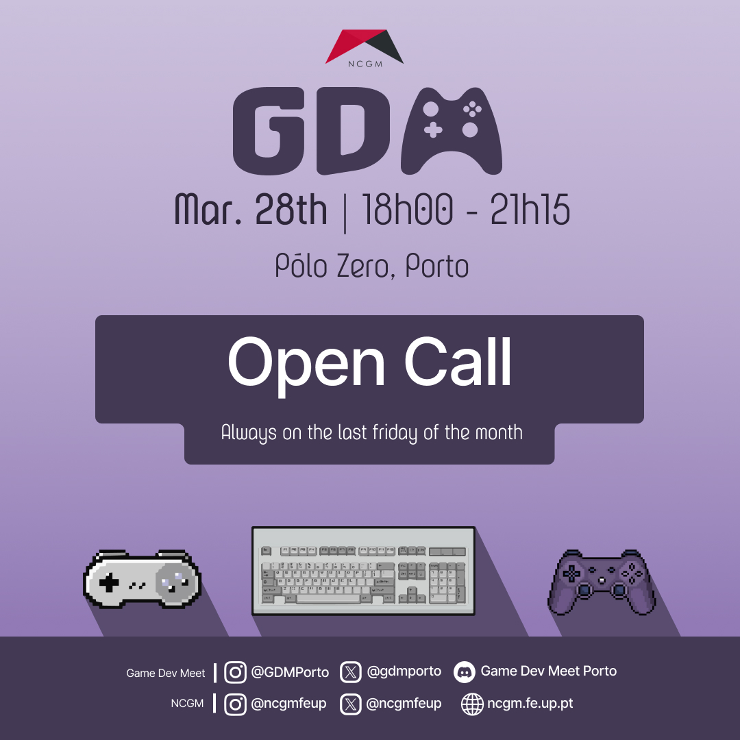 Já está aberta a Open Call para a Game Dev Meet deste mês, se queres apresentar o teu jogo, esta é a tua chance! #gamedev #feup #porto #ncgm #gamedevmeet forms.gle/n1YrG8eM1WfDsu…