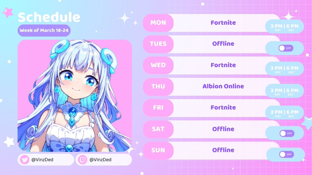 VinzDed's tweet image. New schedule, guys!😊

#twitch #fortnite #AlbionOnline
