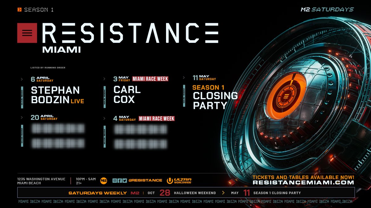 The RESISTANCE Miami Club Residency continues with performances from the King himself @Carl_Cox on May 3 for Miami Race Week, @stephanbodzin on April 6, and more to be announced, all leading up to the Season 1 Closing Party on May 11! Tix ➡️ resistancemiami.com/tickets