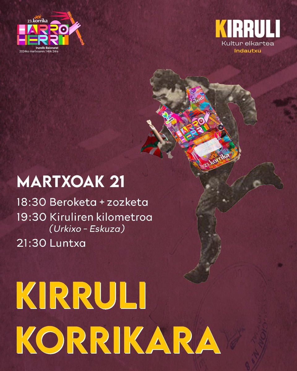 🔊KORRIKA BADATOOOOR!🔊

Ostegunean gerturatu Kirrulira antolatutako egitarauan parte hartzera eta Kirruliren kilometroan korrika egitera gurekin batera  🏃🏻‍♀

🟡 KIRRULI KORRIKARA! 🟡