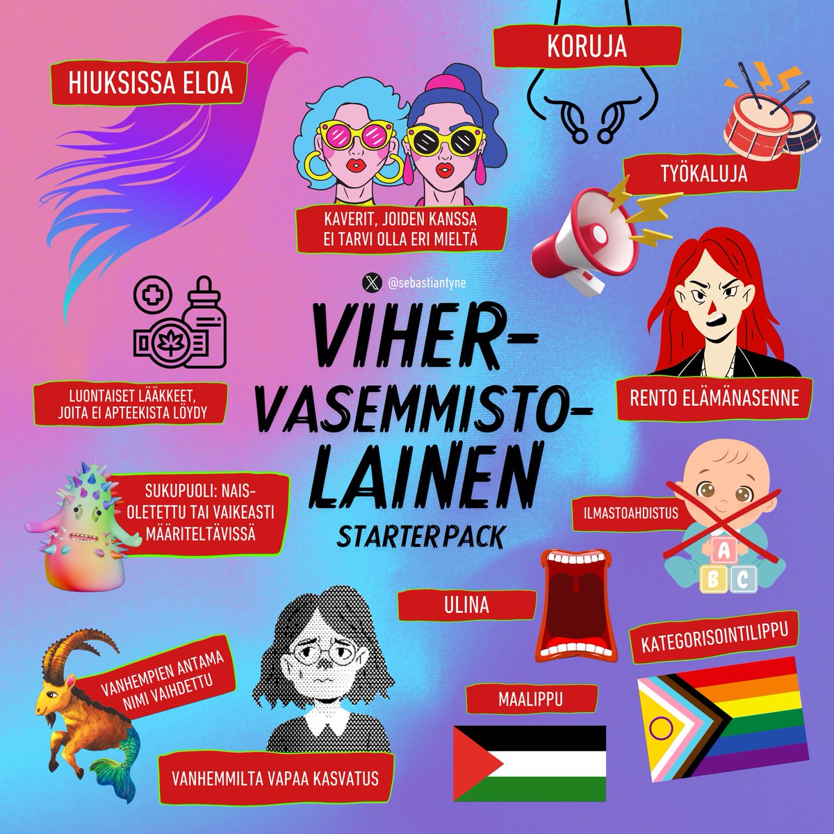 SebastianTyne's tweet photo. Vihervasemmistolainen starter pack, olkaa hyvä 🚩

(Kiitos lisäysideoista, nyt pitäisi olla kaikki oleellinen mukana, mikä vihervasemmistosta tulee mieleen.)

Laitetaan myös mukaan yksi sisältövaroitus: Huumori. https://t.co/X2KMsgzBm2