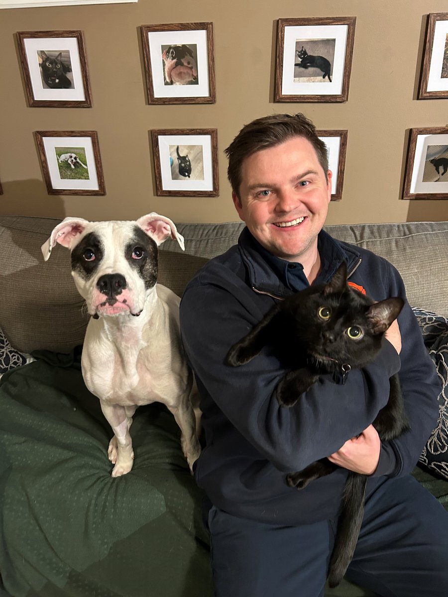 It's also #CelebrateShelterPetsDay. Nova & Luna (both  from @OntarioSPCA) are loved, owned & celebrated (check out the wall of fame in the background) by #AjaxFire's FPI Brent.  Not only are these 2 adored, Brent keep's them safe by testing their smoke alarms monthly. @TownOfAjax