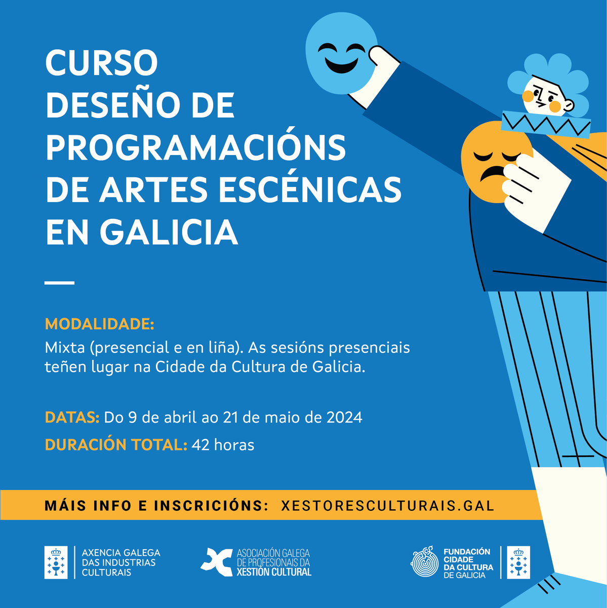 📢🎭🩰🎪Achégase curso, en abril!
Promovido pola Agadic en colaboración coa AGPXC 
🗣️Os martes, desde o 9 de abril ata o 21 de maio, dirixido a aquelas persoas que traballan no sector das #ArtesEscénicas
Inscrición aberta:
 ⬇️
industriasculturais.xunta.gal/es/avisos/curs…