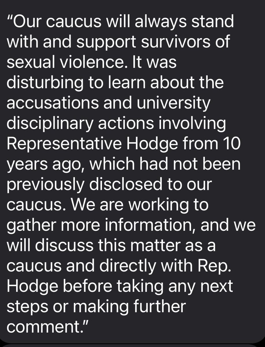 Democratic leaders in the State House issued the following about Rep. <a href="/JevinHodge/">Jevin D. Hodge</a>  after new reporting revealed the lawmaker’s  2015 sexual encounter  violated university conduct policies. (Full story below the statement h/t <a href="/maryjpitzl/">Mary Jo Pitzl</a>)