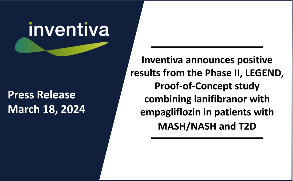 InventivaPharma's tweet photo. #PressRelease: Inventiva announces positive results from the Phase II, LEGEND, Proof-of-Concept study combining lanifibranor with empagliflozin in patients with MASH/NASH and T2D. Learn more: https://t.co/IiVZRtiGky.

Join our webcast tomorrow, 8am ET: https://t.co/A6hmlabQjn https://t.co/tmyNGYlO9J