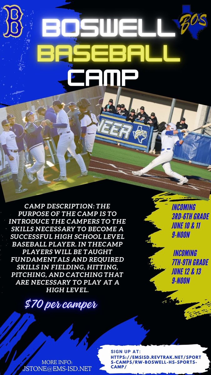 🔵Boswell Baseball Summer Camp!🔵 Get your kids signed up! @emsisdathletics ⚾️3rd-6th grade 📅 June 10&11 ⚾️7th-9th 📅 June 12&13 Follow the link: emsisd.revtrak.net/sports-camps/r…
