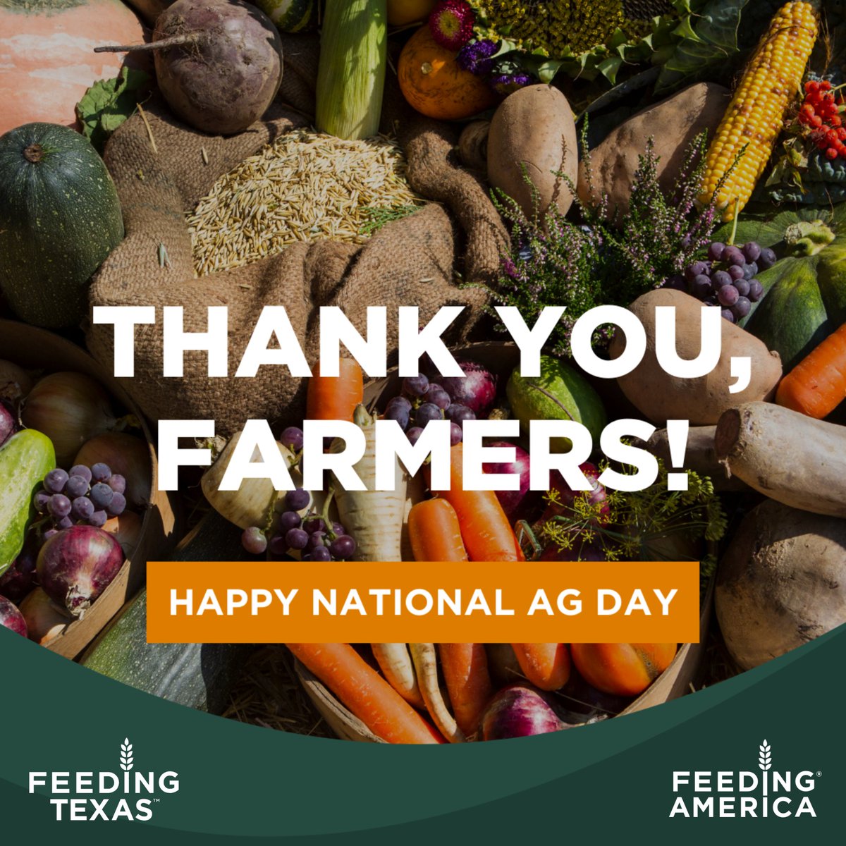 Today is National Ag Day! #ThankYouFarmers!  Farmers and other food producers are essential partners in the movement to end hunger. We need a strong #FarmBill for farmers and people facing hunger! #FarmersFeedingAmericaAct #AgDay24