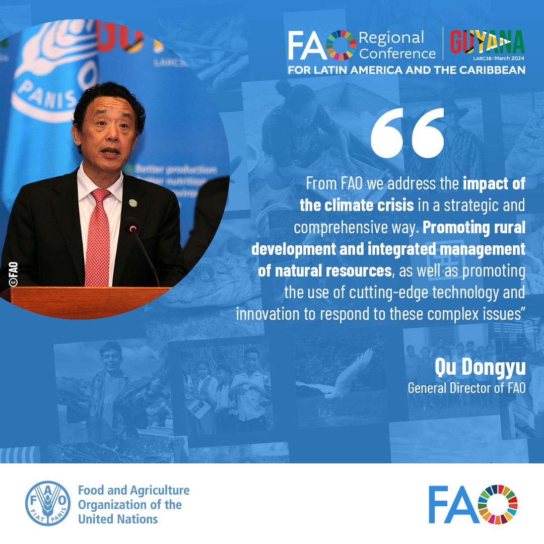 🎙️<a href="/FAODG/">FAO Director-General QU Dongyu</a> during the opening of the 38 #FAOAmericasConference #LARC38 

<a href="/FAOAmericas/">FAO Américas</a> and <a href="/FAOCaribbean/">FAO in the Caribbean</a> are working hand in hand with the governments of the region, focusing efforts on generating long-term resilience to face the climate crisis. 

More ➡fao.org/events/detail/…