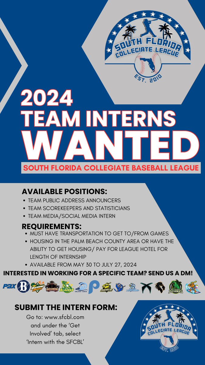 Intern for one of our 14 teams! Just fill out the form below! sfcbl.pointstreaksites.com/view/sfcbl/get… @WPBIGUANAS @FloridaPokers