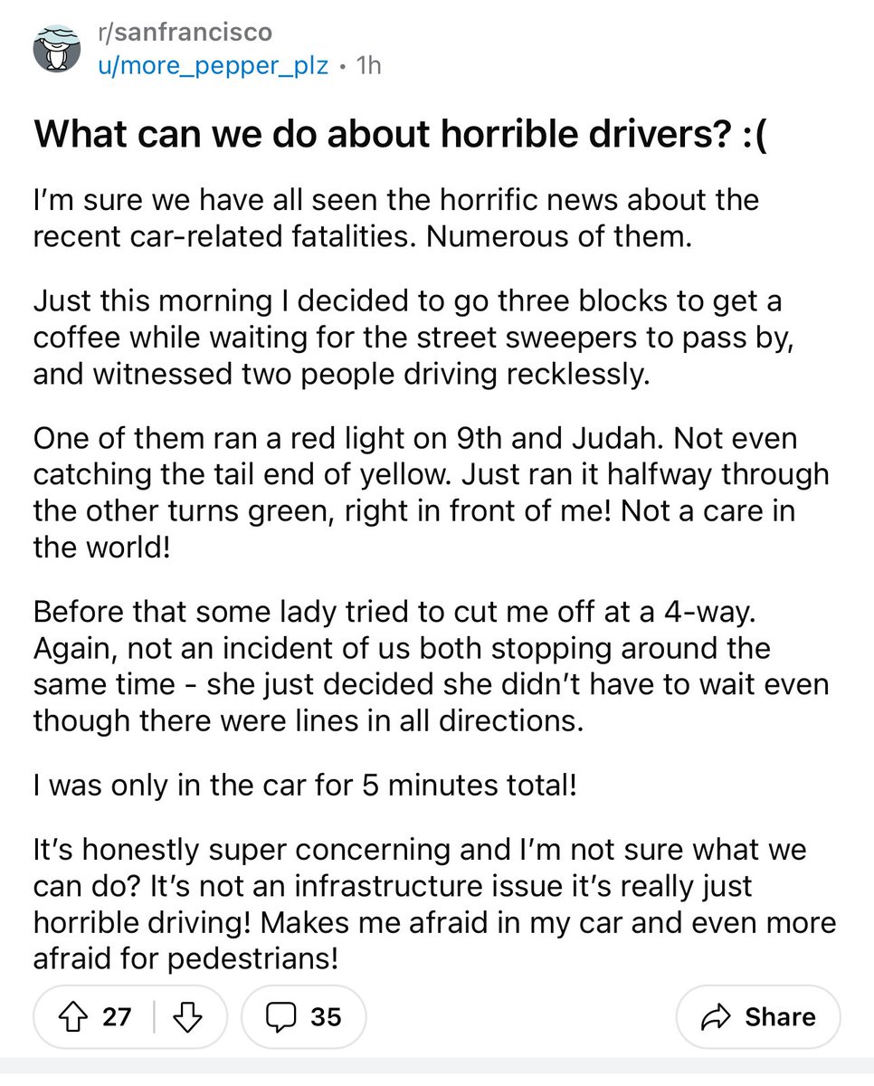 Prediction: Within ~5 years, the most extreme folks will already be calling for a ban on human drivers due to safety concerns. By this time, it will be clear to most people that AI drivers are indeed safer, but humans will probably believe driving is a ~right for a while.