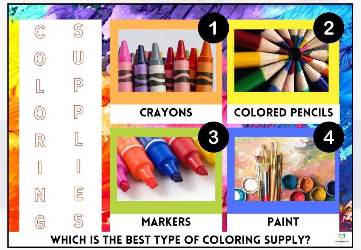 ed_tomorrow's tweet photo. Time for todayโs Quick Connect from the First Five. Display the quick connect and let the debates begin! A long debated topic in classrooms everywhere! Are you team crayons or markers? Subscribe to the First Five: https://t.co/NlRQTouzfT #teachertwitter #FirstFive #edtomorrow https://t.co/eQg02ZRuew