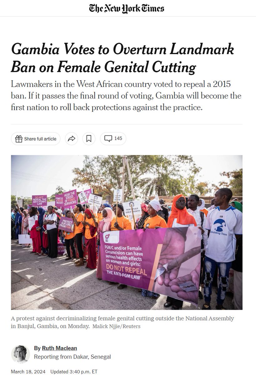 The UN Committee on the Rights of the Child #UNCRC urges #Gambia 🇬🇲 to halt a regressive legislative step that places girls at heightened risk of extreme and irreperable physical harm. #EndFGM #childrensrights nytimes.com/2024/03/18/wor… @lexpsy