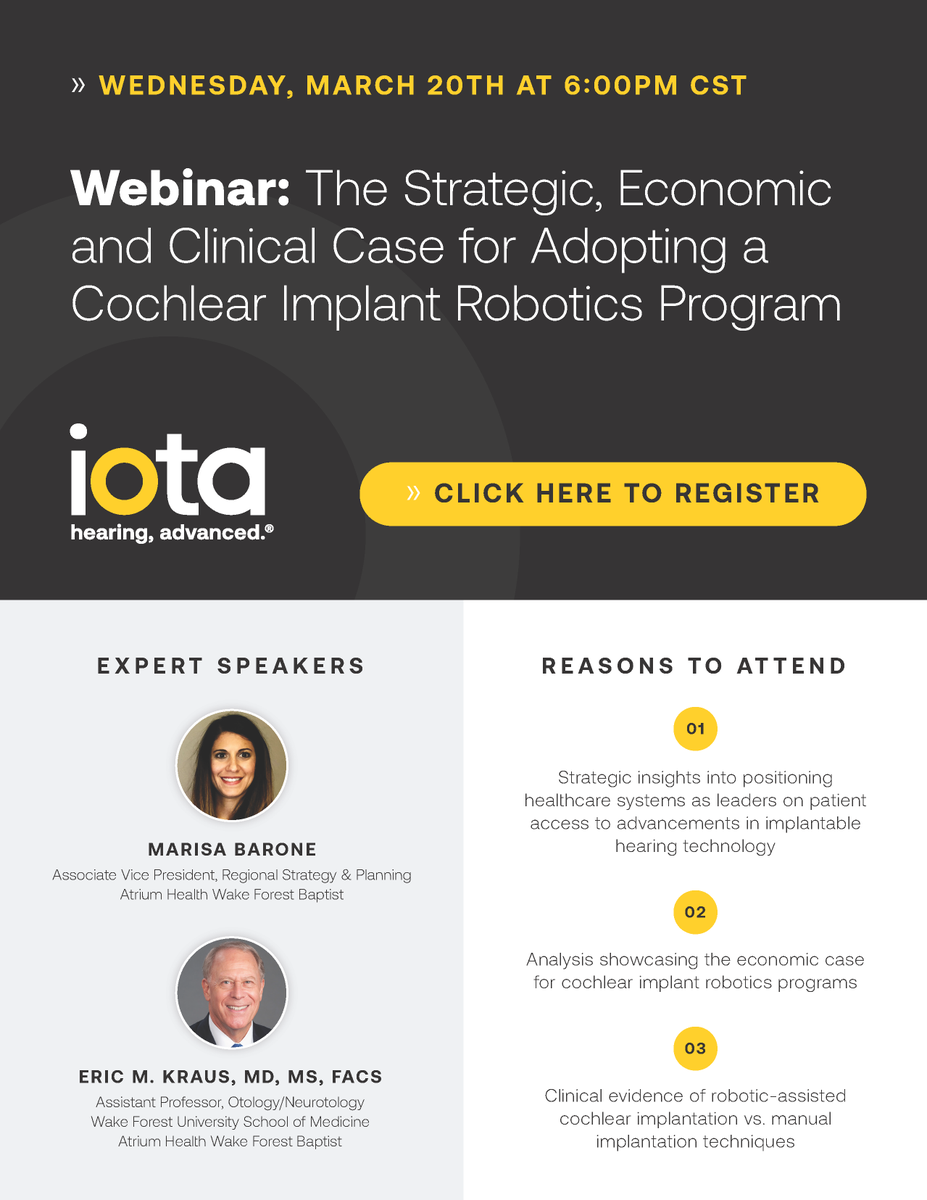 iotaMotion's tweet photo. Don't forget about our upcoming webinar slotted for this Wednesday, March 20 at 6pm CST. Learn more about the benefits of implementing a robotic-assisted cochlear implant program with the iotaSOFT® Insertion System.
 
Save your spot and register today at https://t.co/BqRQjJbWAc https://t.co/oRbICLEivl