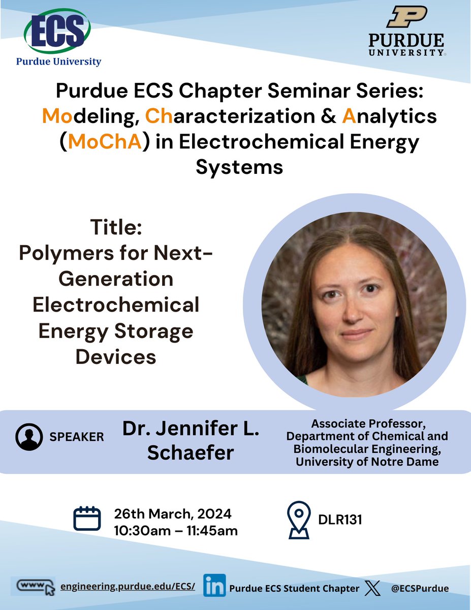 Purdue ECS Student Chapter (@ecspurdue) on Twitter photo 🌟 Exciting Alert! <a href="/EcsPurdue/">Purdue ECS Student Chapter</a> welcomes Dr. Jennifer L. Schaefer to the MoChA Seminar! Get ready to dive into the future with "Polymers for Next-Generation Energy Storage Devices". Ignite your imagination, fuel your intellect! ⚡️<a href="/ParthaPMukherj1/">Partha P. Mukherjee</a> <a href="/ECSorg/">ECS</a> <a href="/PurdueME/">Purdue Mechanical Engineering</a> <a href="/etslpurdue/">Energy and Transport Sciences Lab</a> 🌟 Exciting Alert! <a href="/EcsPurdue/">Purdue ECS Student Chapter</a> welcomes Dr. Jennifer L. Schaefer to the MoChA Seminar! Get ready to dive into the future with "Polymers for Next-Generation Energy Storage Devices". Ignite your imagination, fuel your intellect! ⚡️<a href="/ParthaPMukherj1/">Partha P. Mukherjee</a> <a href="/ECSorg/">ECS</a> <a href="/PurdueME/">Purdue Mechanical Engineering</a> <a href="/etslpurdue/">Energy and Transport Sciences Lab</a>