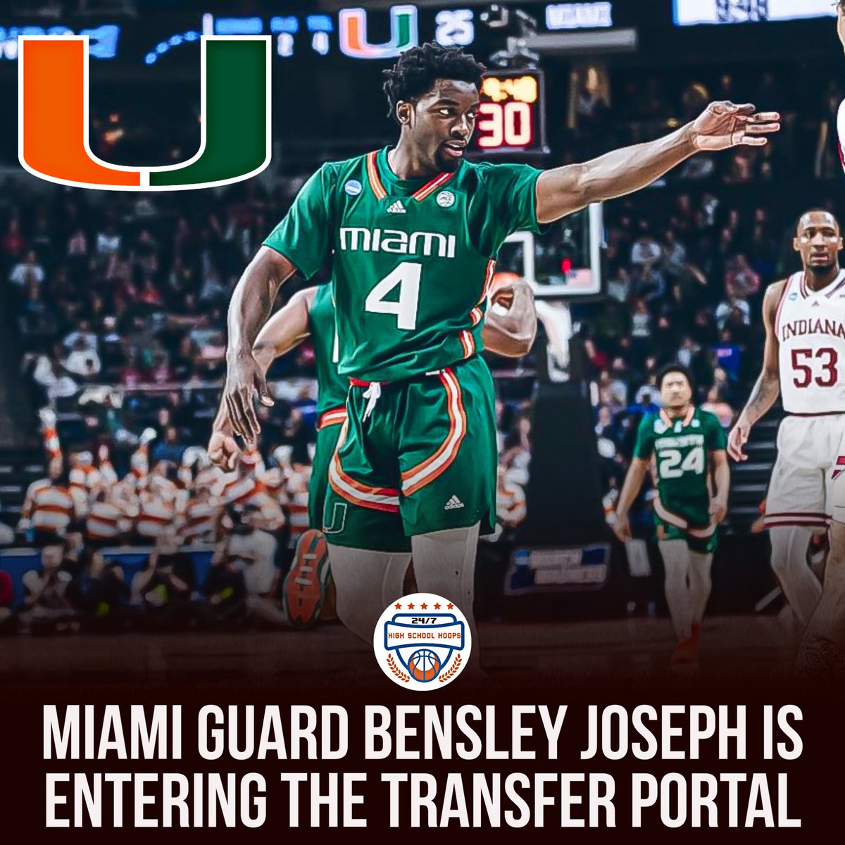 NEWS: Miami guard Bensley Joseph is entering the transfer portal, a source tells me. Joseph has spent three seasons at Miami and started 27 of 32 games for the Hurricanes this season. Former 4⭐️ recruit. He averaged 9.6PPG. 3.4APG, 3.4RPG and 1.5SPG this season.