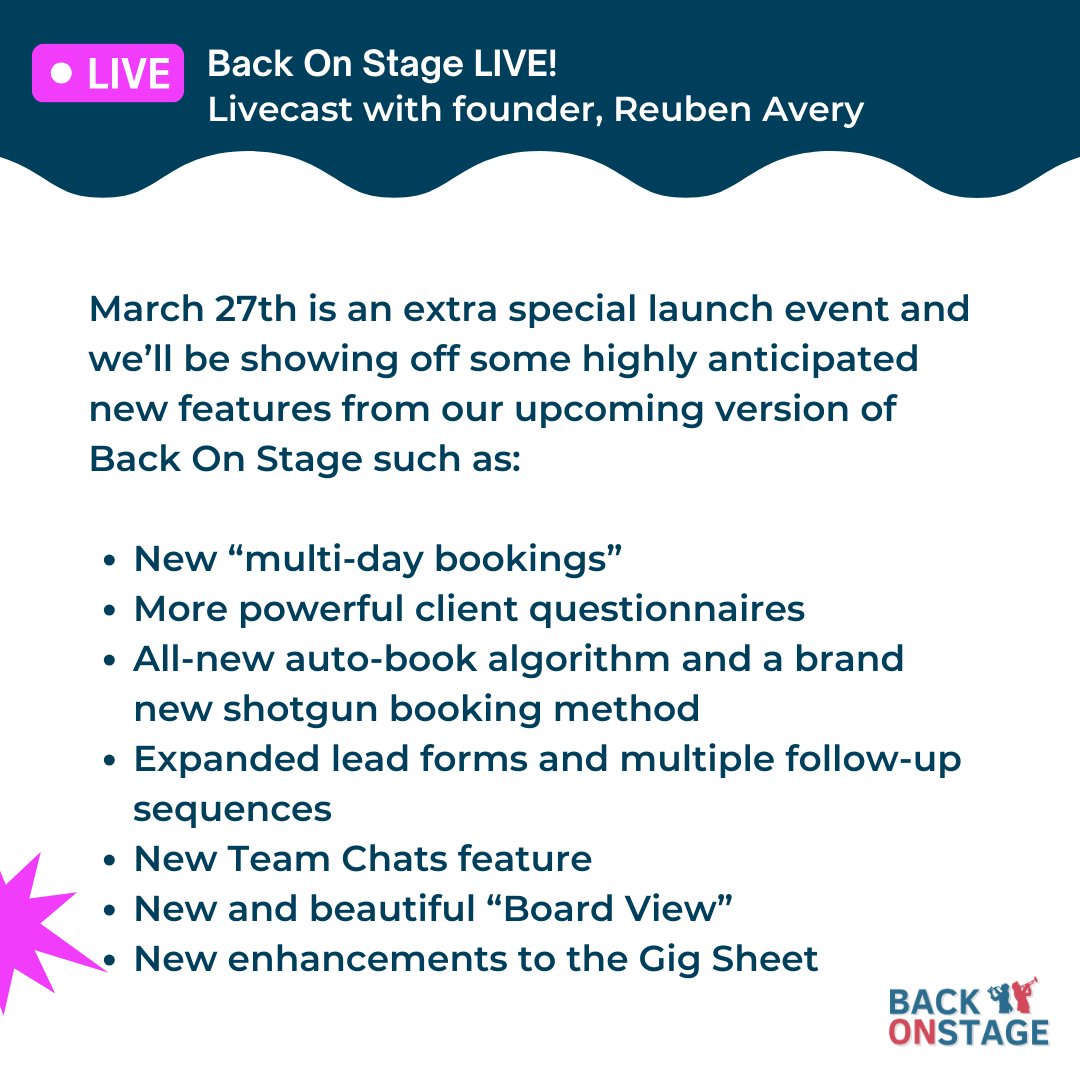 📆 Mark your calendars! March 27th is the day you'll discover the future of music booking and management with @ursa_live! From multi-day bookings to advanced team communication tools, we've got you covered. See you there! 🎶 #MusicIndustry #TechInnovation #BackOnStageLaunch