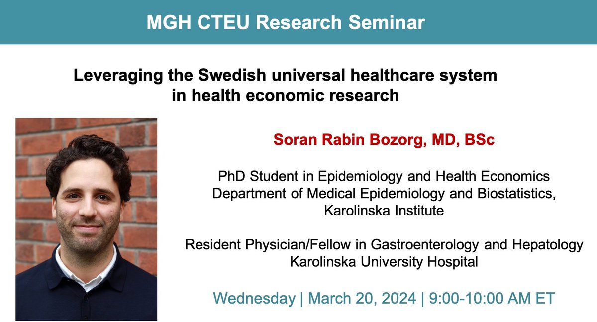 Join our CTEU Research Seminar on 3/20 at 9 AM. Dr. Soran Rabin Bozorg from the Karolinska Institute will give a talk entitled “Leveraging the Swedish universal healthcare system in health economic research.” chat with us mghcteu.org to join