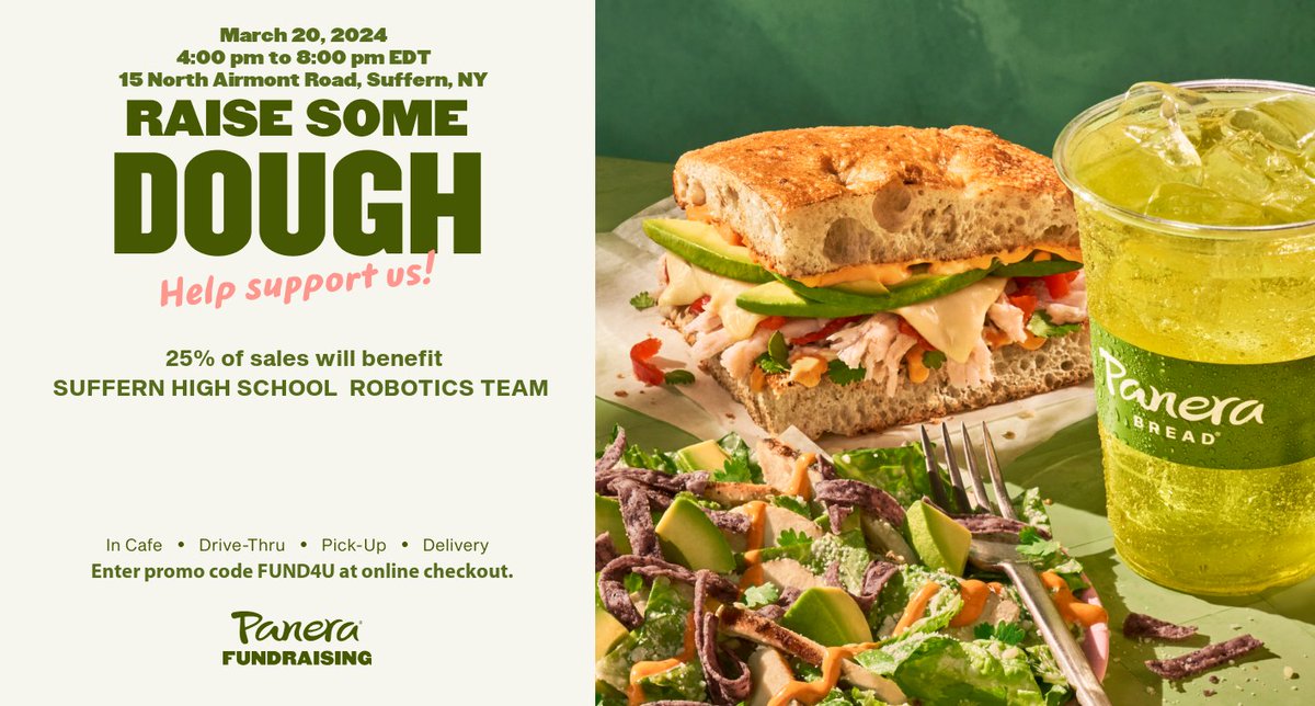 Suffern Robotics (FTC 7486) (@suffernrobotics) on Twitter photo Take a break from cooking on Wednesday and order <a href="/panerabread/">Panera Bread</a> (15 North Airmont Road) for dinner! Between 4 and 8 PM, Wednesday, March 20, present the attached flyer to the cashier when ordering. If ordering through the app or in-store kiosk, enter promo code FUND4U at checkout. Take a break from cooking on Wednesday and order <a href="/panerabread/">Panera Bread</a> (15 North Airmont Road) for dinner! Between 4 and 8 PM, Wednesday, March 20, present the attached flyer to the cashier when ordering. If ordering through the app or in-store kiosk, enter promo code FUND4U at checkout.