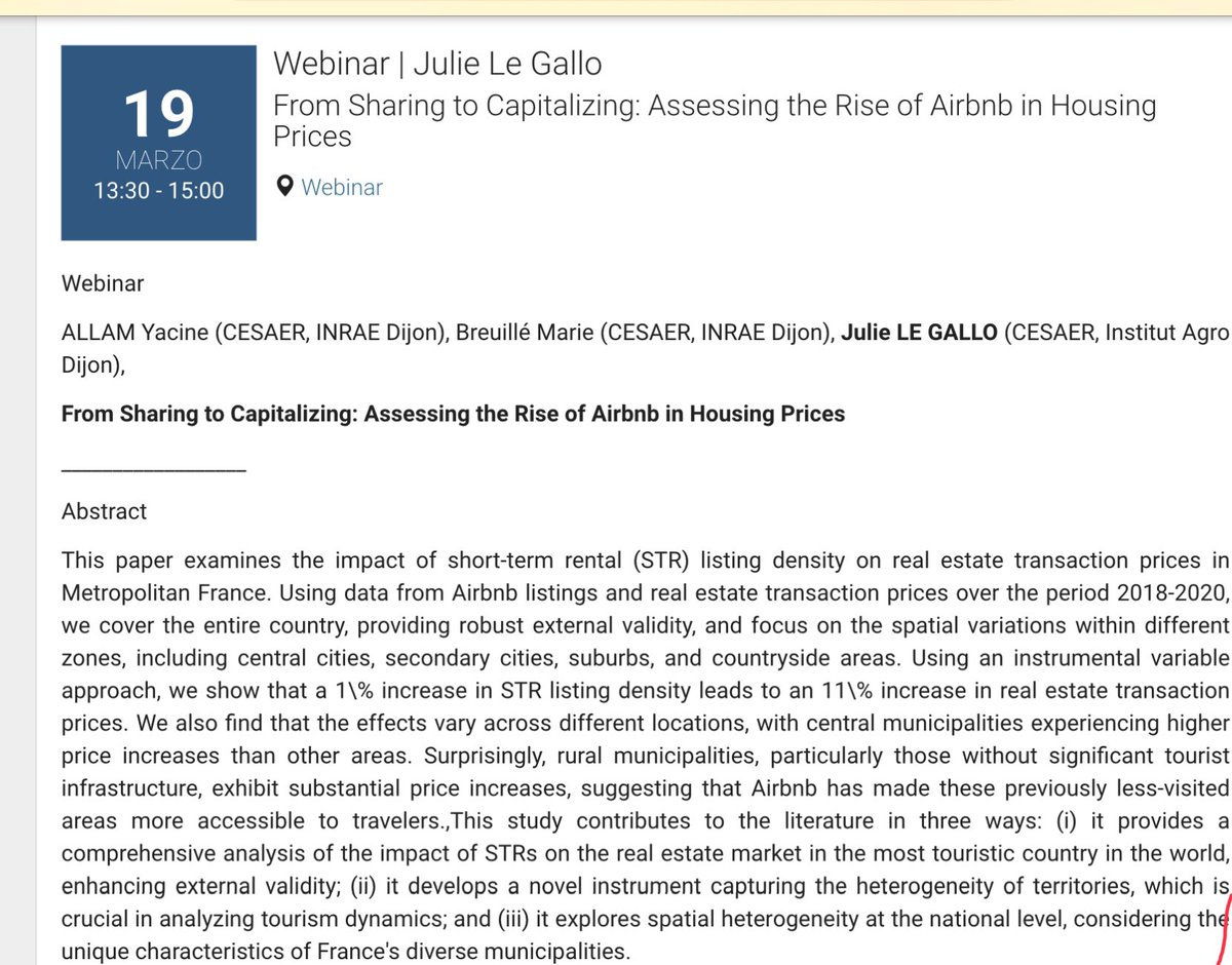 Webinar | 19.3.24
13.30-15.00 | Julie Le Gallo
 
ALLAM Yacine (CESAER, INRAE Dijon), Breuillé Marie (CESAER, INRAE Dijon), Julie LE GALLO (CESAER, Institut Agro Dijon)

From Sharing to Capitalizing: Assessing the Rise of Airbnb in Housing Prices

MT Link:

teams.microsoft.com/l/meetup-join/…