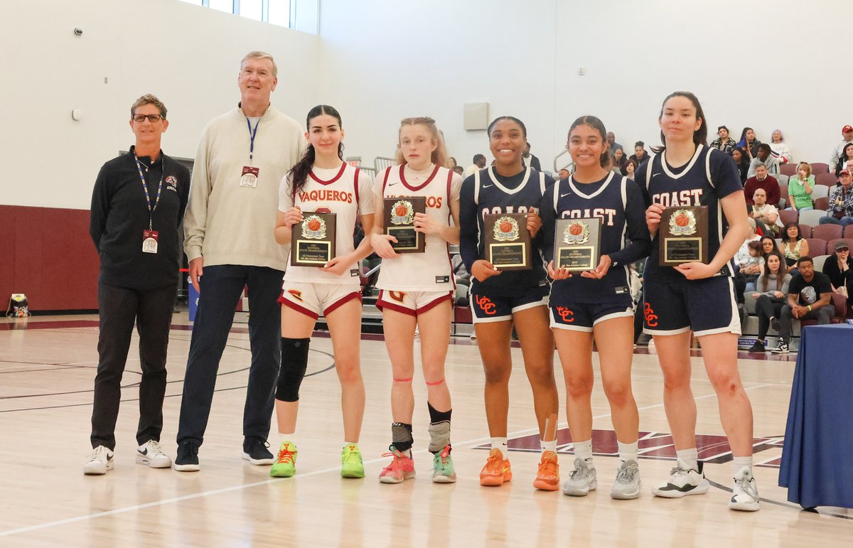 All-3C2A State Tournament Team, 5 of the 7 members: (L-R) Patil Yaacoubian, Malia Ulery (Glendale), Ashari Cassell, Bridgette McIntyre (MVP), Sabrina Lopez, Orange Coast. Moorpark's Rebecca Saidoff and Butte's Campbell Vieg also made the squad. @OCCAthletics @GCCPIO