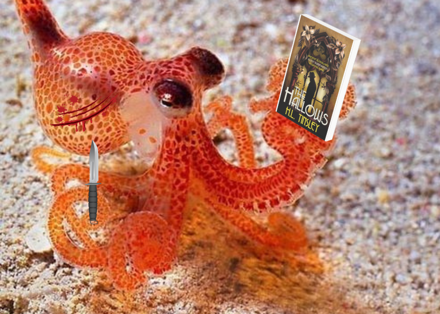 On reflection, it has come to my attention that The Hallows is actually quite a dark book with a lot of dark themes and that using a baby octopus in a top hat to market it might not fully align with the book's tone. 
So, I've given him a knife and a tragic backstory instead.