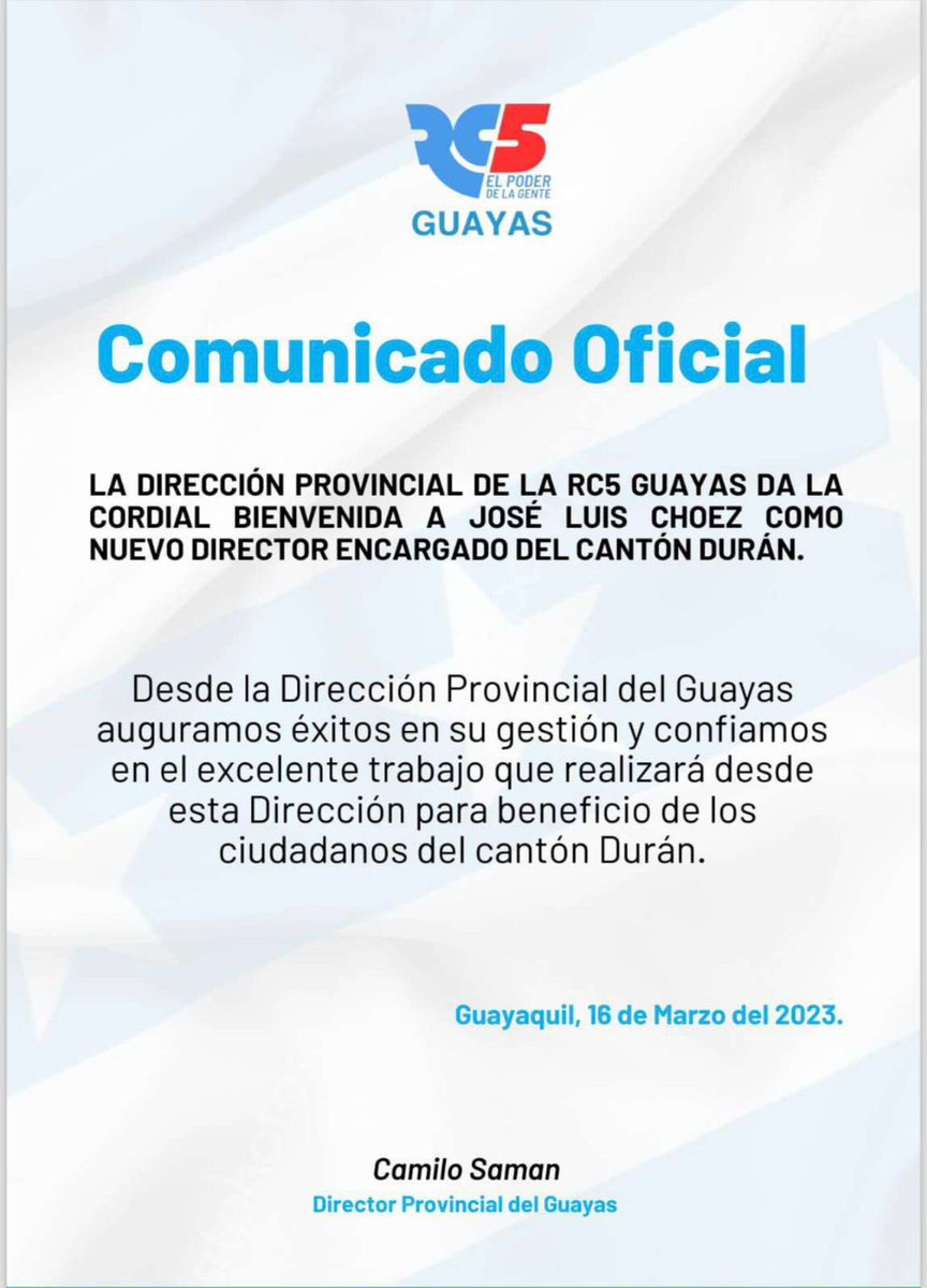 Alexandra_Arce's tweet photo. 🔴 ¡#Durán da paso al relevo generacional! Un fuerte abrazo al nuevo Director de la @RC5Oficial Cantonal, José Luis Chóez @JoseChoezB97. 👏👏👏 https://t.co/7mVkOjXNcz