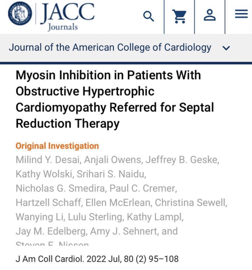 Myosin inhibitors for HCM? Negative inotropes are standard of care for obstructive HCM. If medical therapy fails, surgical myomectomy can relieve symptoms. This trial showed mavacamten (a novel actin-myosin binding inhibitor) to reduce surgical need. VALOR-HCM Trial, JACC 2022 ♥️