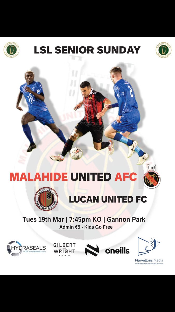 Malahide United Senior Sunday side are in league action tomorrow night as they take on @lucanunited in Gannon Park with a 7:45pm Kick off. All support appreciated 🔴⚫️ #MalahideUtdAFC #muafc #LSL #LSLLiveScore