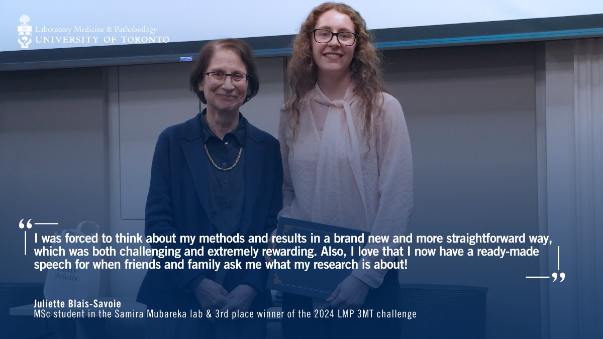 Juliette Blais-Savoie is an MSc candidate in the lab of
<a href="/SMubareka/">SMubareka</a> and our 3rd place winner for the LMP 3MT!   

She presented her research titled “Cracking open the differences between egg-grown and cell-grown influenza vaccine stocks.”
 
Watch: youtu.be/R6w1klizywo?si…