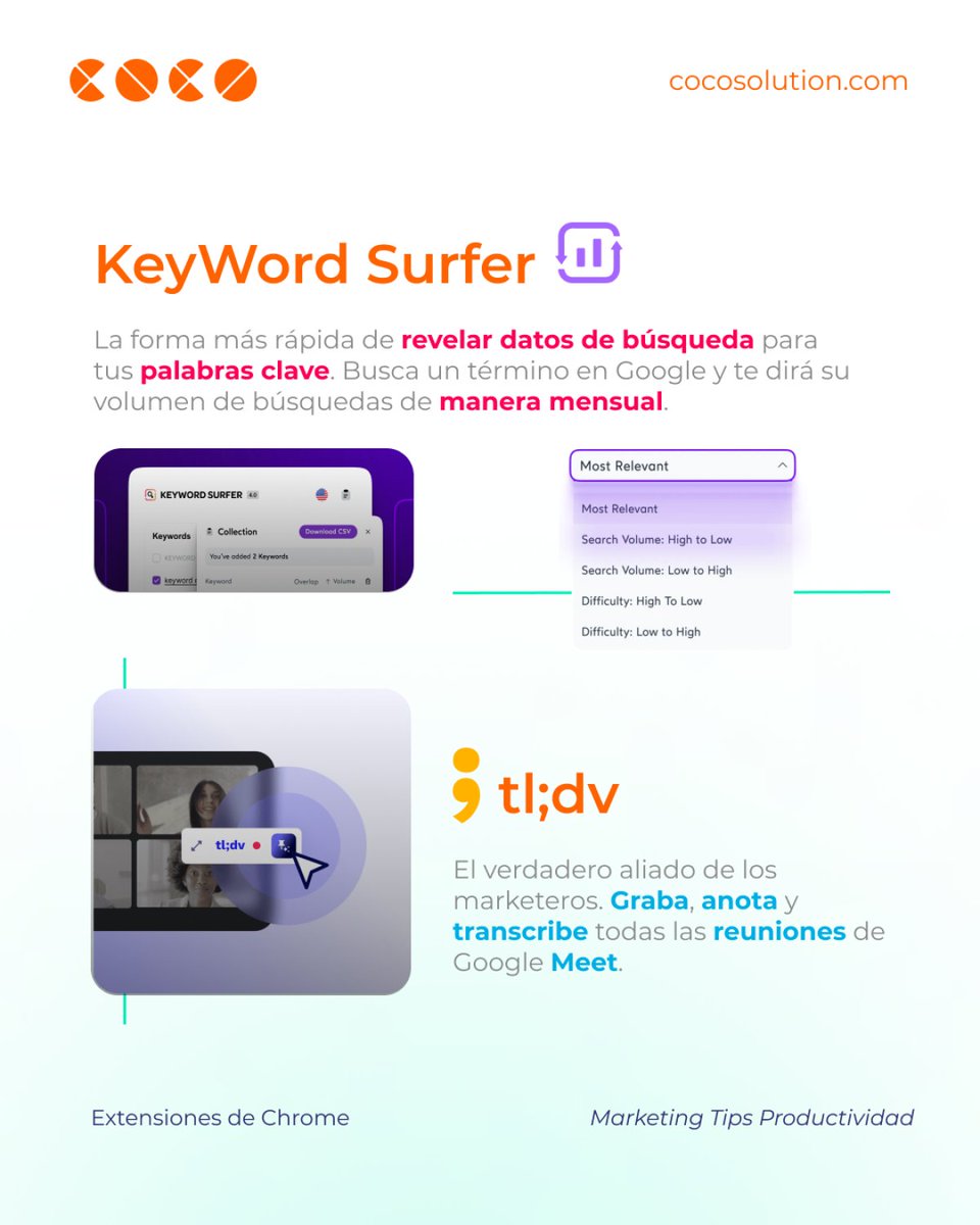 CocoSolution's tweet image. ¡Marketeros!📣 
Hoy os traemos 5 extensiones de Chrome que, sin duda, facilitarán tu día a día🤞🏼

Échale un vistazo a esta infografía, ya nos lo agradecerás luego 💋
·
#marketing #marketingdigital #agenciademarketing