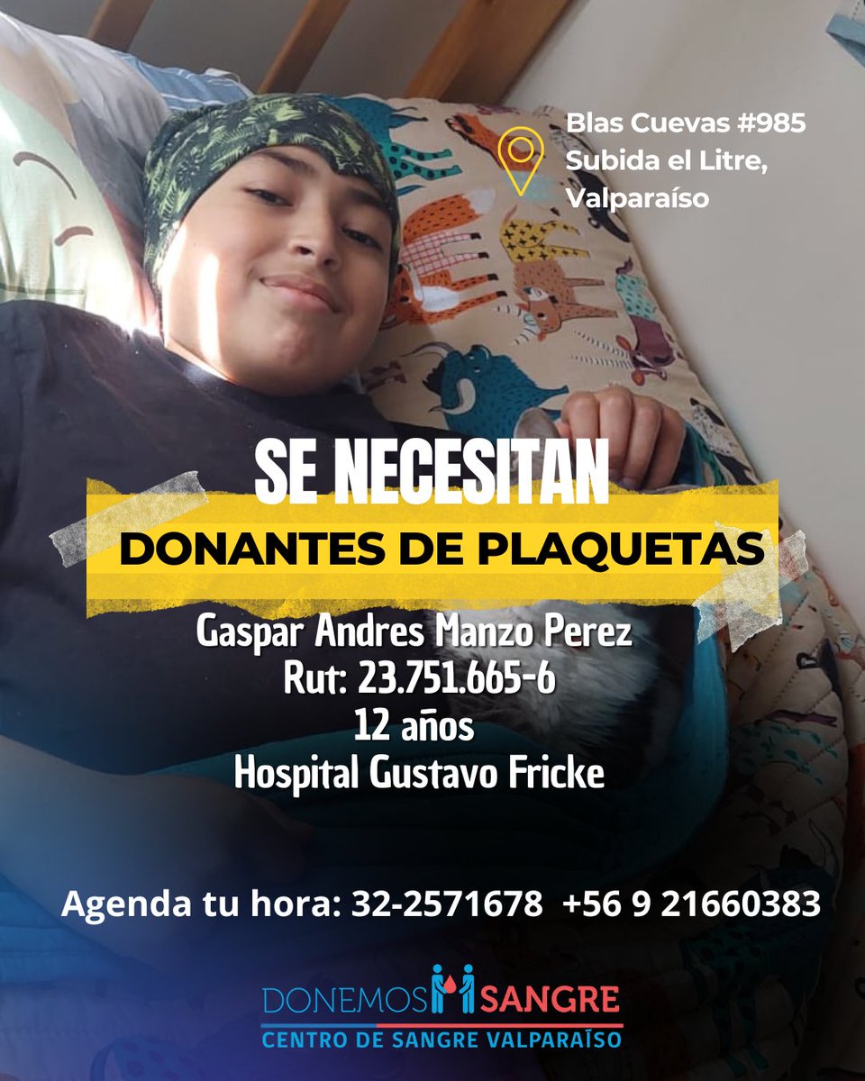 🚨 Se necesita de manera urgente donantes de plaquetas 💛 para Gaspar Manzo de 12 años.

*Para donar plaquetas debes haber donado sangre antes.

Agenda tu hora llamando al 32-2571678 Whatsapp +569 39516890

#Valparaíso #ViñadelMar #DonaSangre #DonaPlaquetas