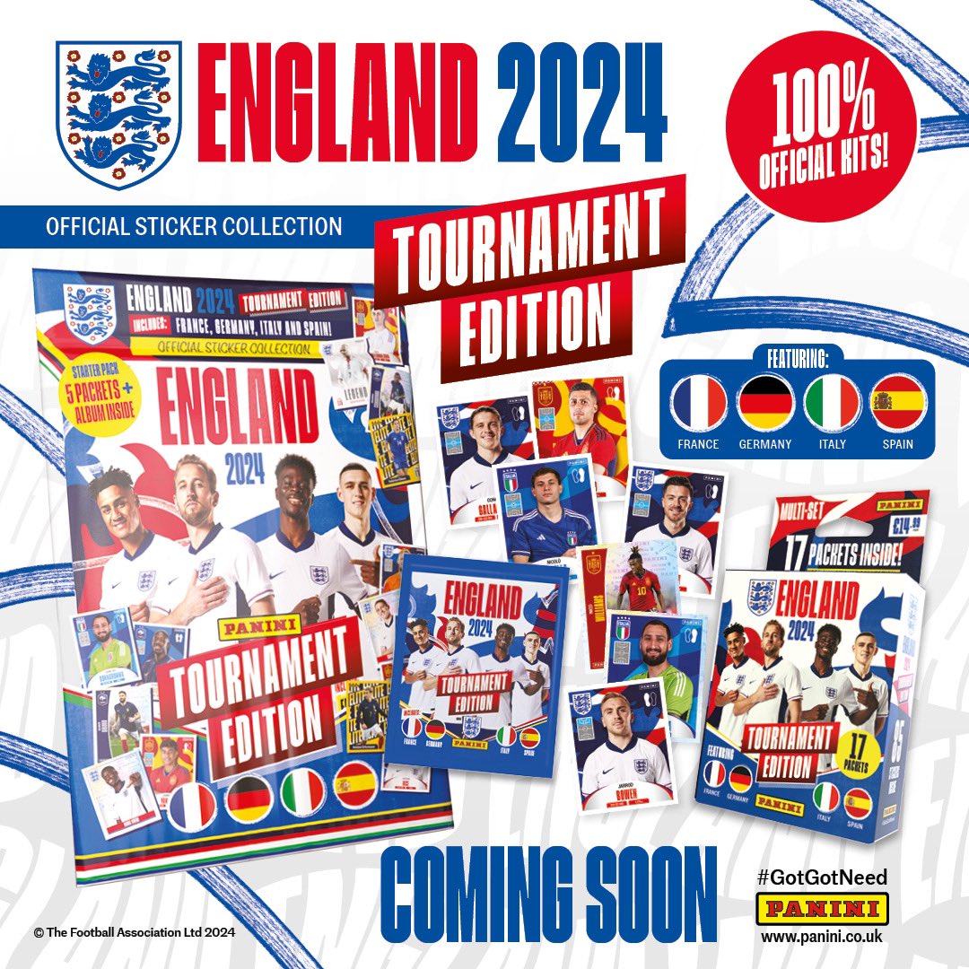 The ALL NEW <a href="/england/">England</a> Official Sticker Collection Tournament Edition 2024, featuring France, Germany, Italy &amp; Spain, all with 100% OFFICIAL KITS…..COMING SOON!! 🔥⚽️