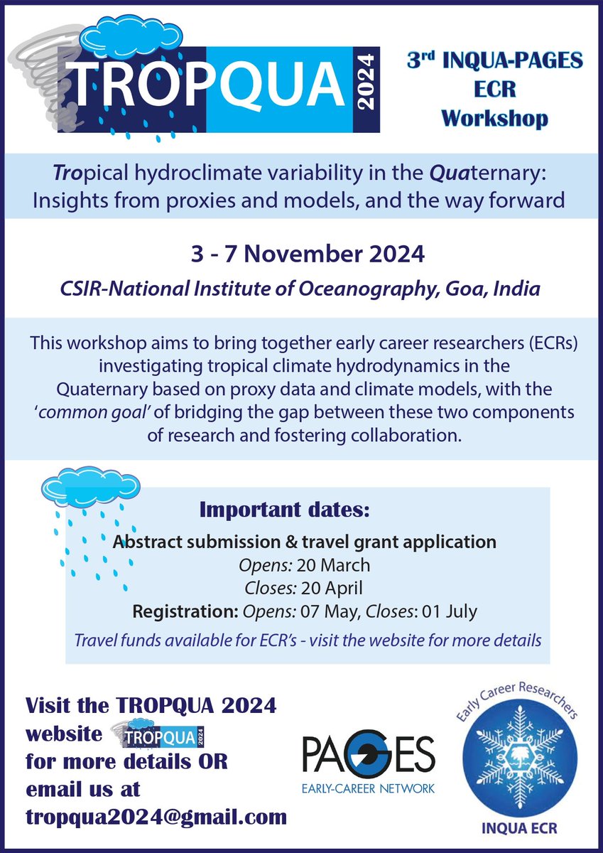We are super excited to announce that the 3rd INQUA-PAGES ECR workshop TROPQUA 2024 will be held in Goa, India during 3-7 November, 2024. You can find the flyer and first circular here. inquaecr.wixsite.com/tropqua/copy-o…