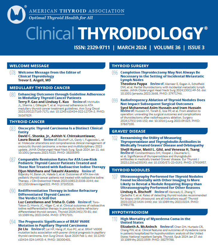 Clinical Thyroidology (@clinicalthyroid) on Twitter photo The March issue is now available! Stay on top of clinical #thyroid with expert reviews & insights. Follow for updates & latest reads.
ow.ly/N5hV50QW1Nn
<a href="/LizzyMcAninchMD/">LizzyMcAninchMD</a> <a href="/DrIramHussain/">Iram Hussain</a> <a href="/lindsaykuo/">Lindsay Kuo, MD MBA FACS</a> <a href="/VenessaTsang/">Venessa Tsang</a> @trishacubb
#ITOG #endotwitter #medtwitter #thyroidawareness The March issue is now available! Stay on top of clinical #thyroid with expert reviews & insights. Follow for updates & latest reads.
ow.ly/N5hV50QW1Nn
<a href="/LizzyMcAninchMD/">LizzyMcAninchMD</a> <a href="/DrIramHussain/">Iram Hussain</a> <a href="/lindsaykuo/">Lindsay Kuo, MD MBA FACS</a> <a href="/VenessaTsang/">Venessa Tsang</a> @trishacubb
#ITOG #endotwitter #medtwitter #thyroidawareness