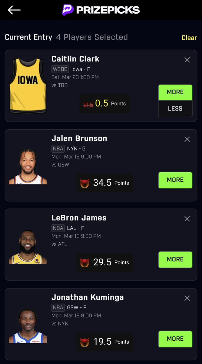 $100 to one person who likes if this PrizePicks Demon slip SWEEPS 💰🔥

- 33x if Powered 
- 19x if it’s Sweeps Flexed
- 2.5x if it goes 3/4
- This likely will not hit more than 1 out of 30 times. To account for the risky odds stay light! 

- Free Month to one person who likes +