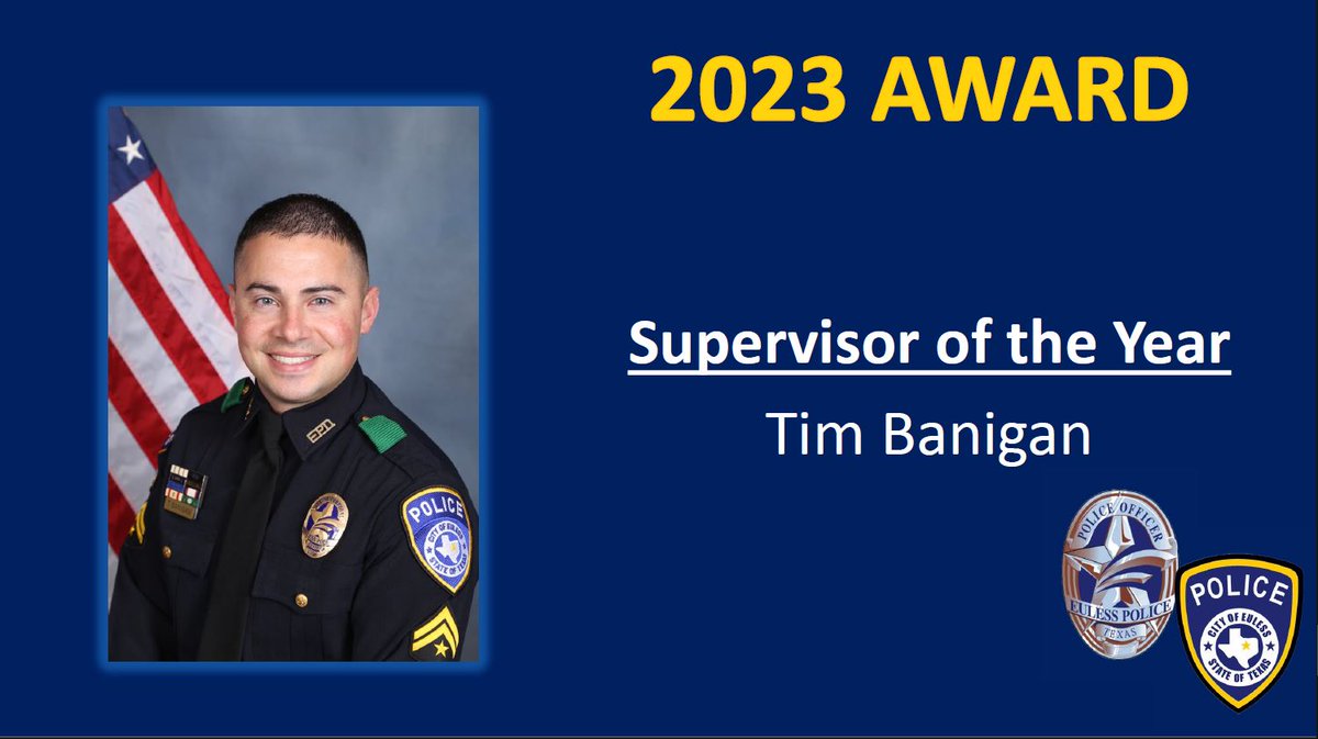 EulessPolice's tweet photo. Please join us in celebrating EulessPD's 2023 Supervisor of the Year winner, Sr. Cpl. Tim Banigan! Thank you for your services to citizens of Euless Banigan. #EulessPD #supervisoroftheyear #CityofEuless https://t.co/u4ZZ1Pp9XZ