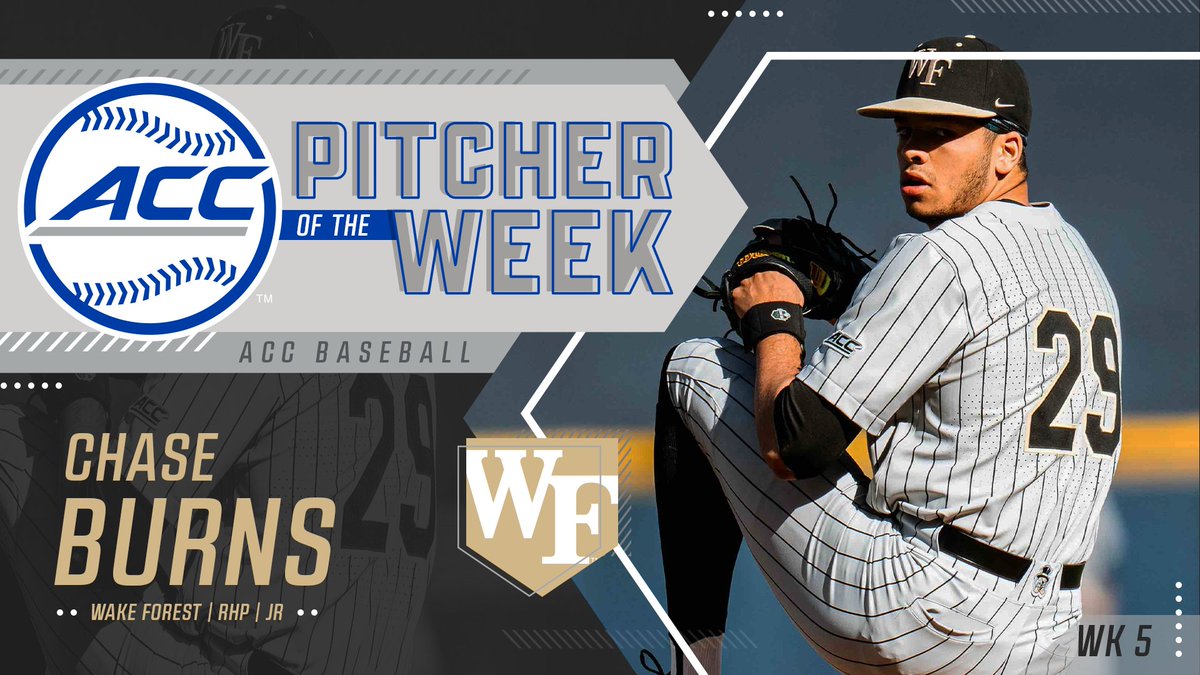ACCBaseball's tweet image. 𝘽𝘼𝘾𝙆-𝙏𝙊-𝘽𝘼𝘾𝙆 Pitcher of the Week honors for @WakeBaseball's Chase Burns 🫡

⚾️ 13 strikeouts
⚾️ 1 run over 7 innings

📰 theacc.co/24BASE_potw5