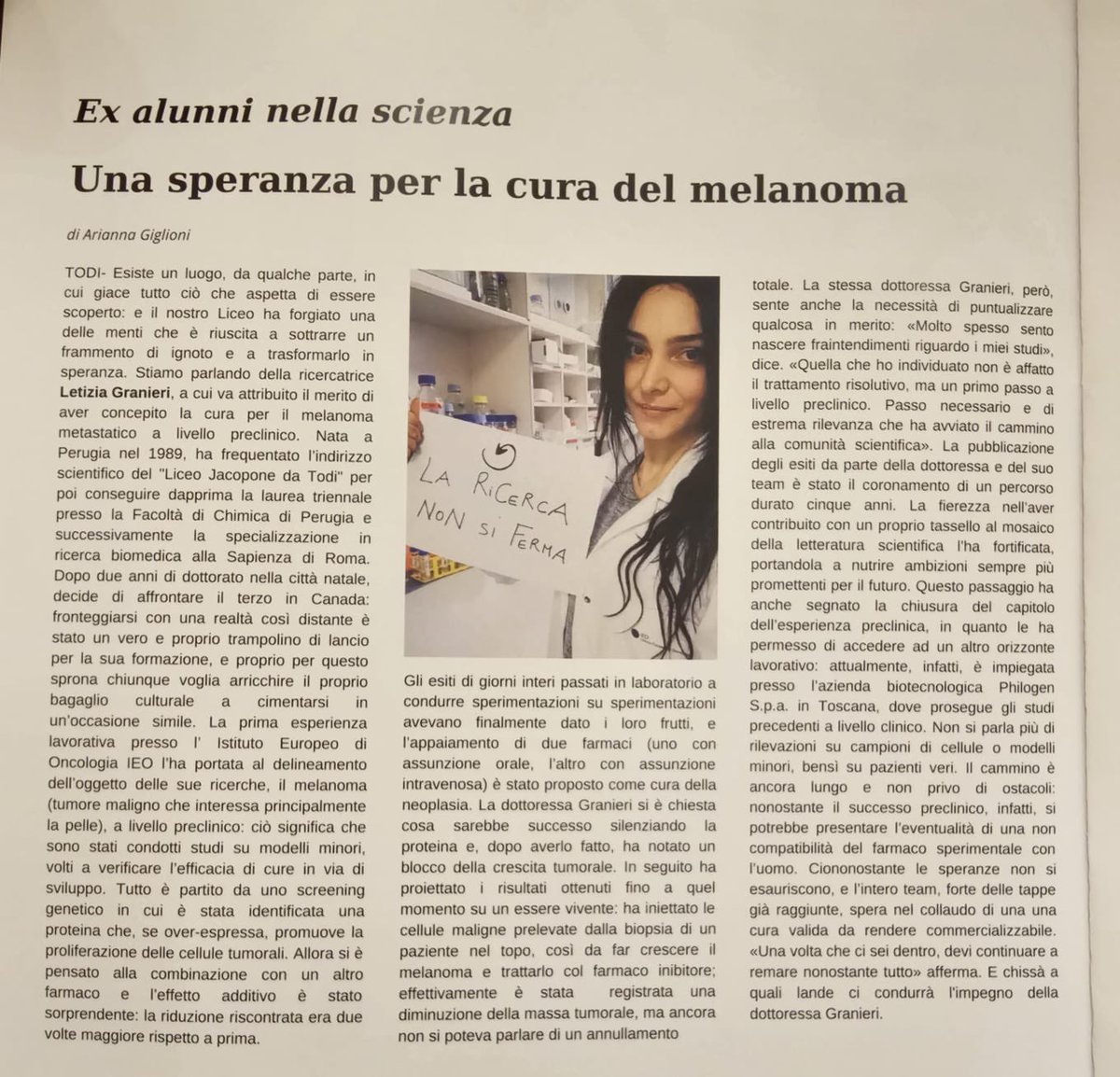 Sottobanco_Todi's tweet photo. La redazione di Sottob@nco ricorda Letizia Granieri, ex studentessa del Liceo scomparsa prematuramente, con l’articolo che le era stato dedicato sul nostro numero cartaceo appena un anno fa dalla nostra redattrice Arianna Giglioni. https://t.co/OSADgEVjgV