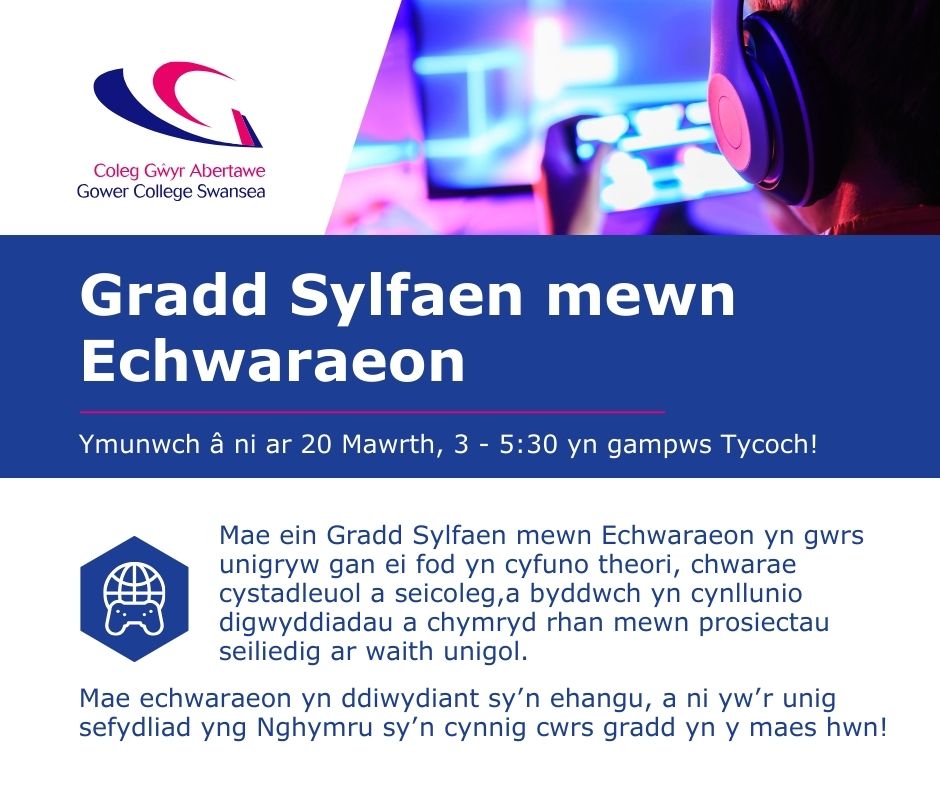 GowerCollegeSwa's tweet photo. ๐ฎ Barod i droi eich angerdd am gemau yn yrfa broffesiynol? Ymunwch รข ni ar gyfer lansiad ein cwrs newydd Gradd Sylfaen mewn Echwaraeon! Bydd y cwrs hwn yn rhoi'r sgiliau i chi i lefelu'ch dyfodol! ๐น๏ธ
#Echwaraeon #Graddsylfaen #Hedfanynuwch @gcs_owls https://t.co/EoSNYRnS93