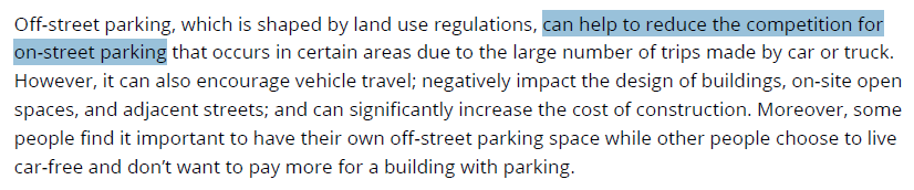Another huge missed opportunity in the draft Seattle Comp Plan: parking reform. The Plan gets it right on all the reasons to abolish mandates, yet still justifies retaining them for this: 'they can help to reduce competion for on-street parking.' seattle.gov/documents/Depa…