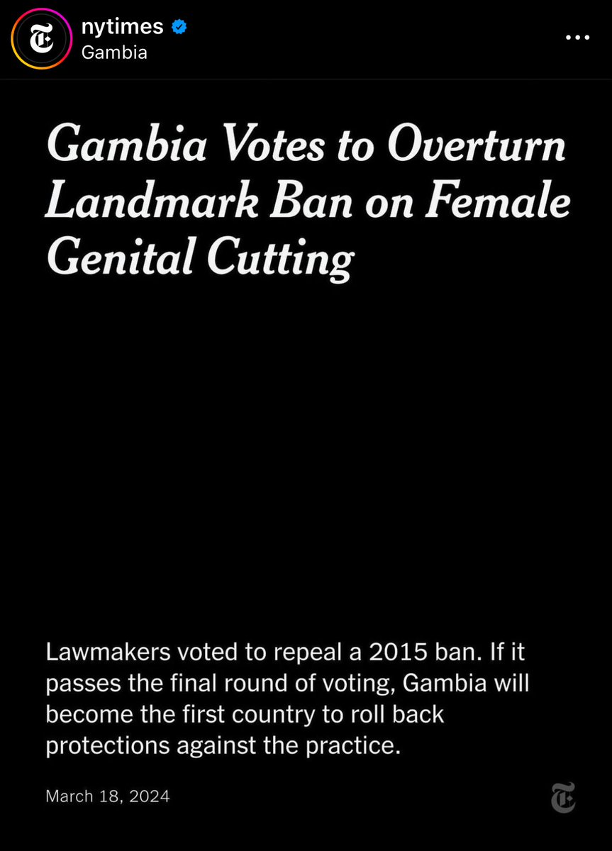 mistrduke's tweet image. Most of the comments on this NYT Instagram post are along the lines of “wow men sure hate women”

Misses the point in my opinion. I think the takeaway needs to be that some cultures are objectively better than others

#nyt #gambia #genitalmutilation