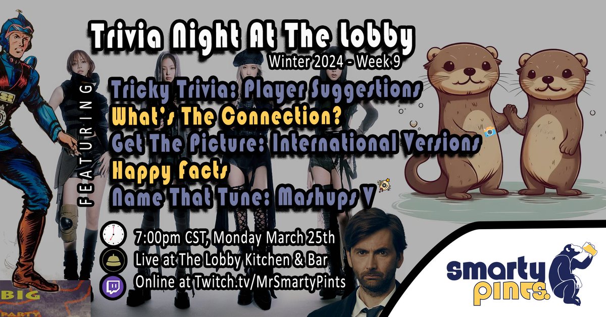 MrSmartyPints's tweet image. Heads up! We've got week 9 of Smarty Pints at @thelobbykb this Monday (the 25th) and then we'll be breaking for Easter before returning with our finale on April 8th.

Can't make it? No worries! you can always play along here: twitch.tv/MrSmartyPints

Free Answer: Perfect weather