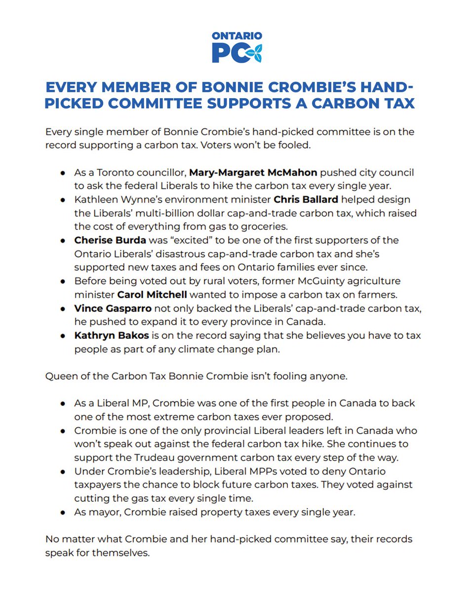 Every single member of Bonnie Crombie’s hand-picked committee is on the record supporting a carbon tax. Voters won’t be fooled.