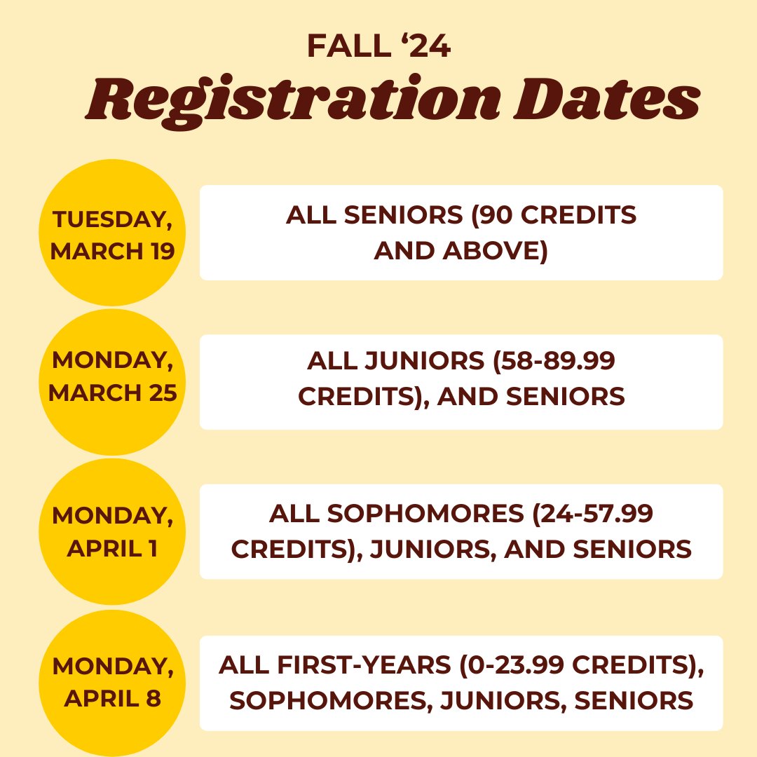 TOMORROW starts class registration for the fall '24 semester! Registration opens on each date @ 7 a.m. 💛 🤎 🦉 📚  #Rowan100 #RowanPROUD