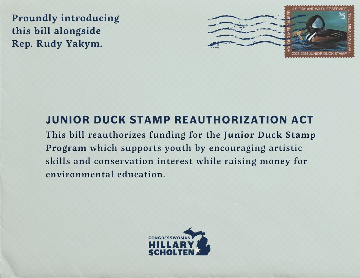 RepScholten's tweet photo. The Junior Duck Stamp Program creates opportunities for students to hone their artistic skills and learn about conservation.

Last week, I introduced a bill with @RepRudyYakym to reauthorize funding for this important educational program. https://t.co/qMPoNWs3S7