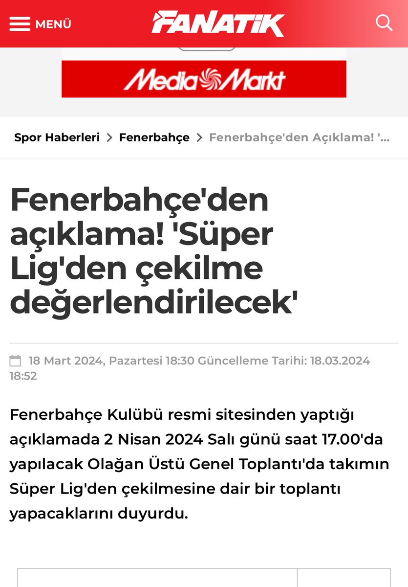Fenerbahçe ligden çekilecekmiş hadi inşallah, 'Türk Futbolu' temizlenmiş olur.